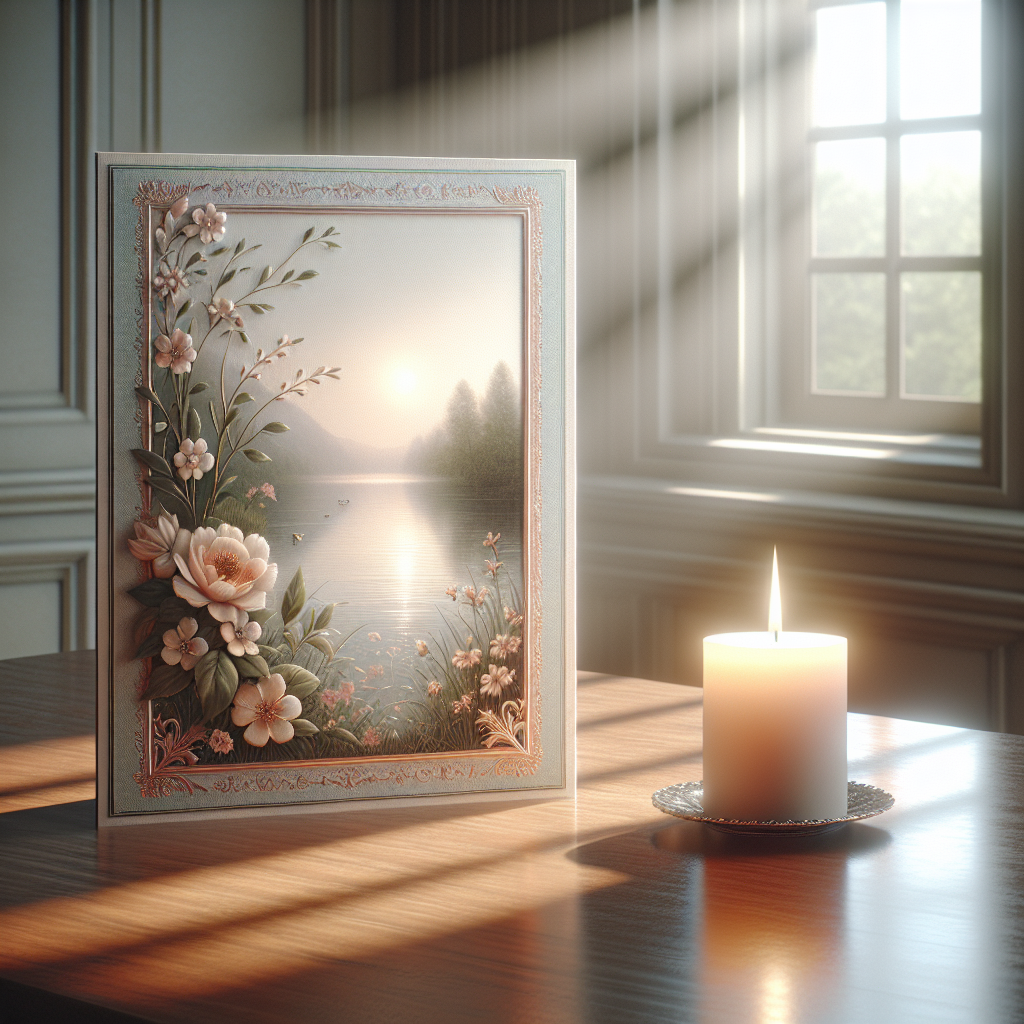 A realistic image of a memorial card with floral borders on a wooden table by a lit candle.