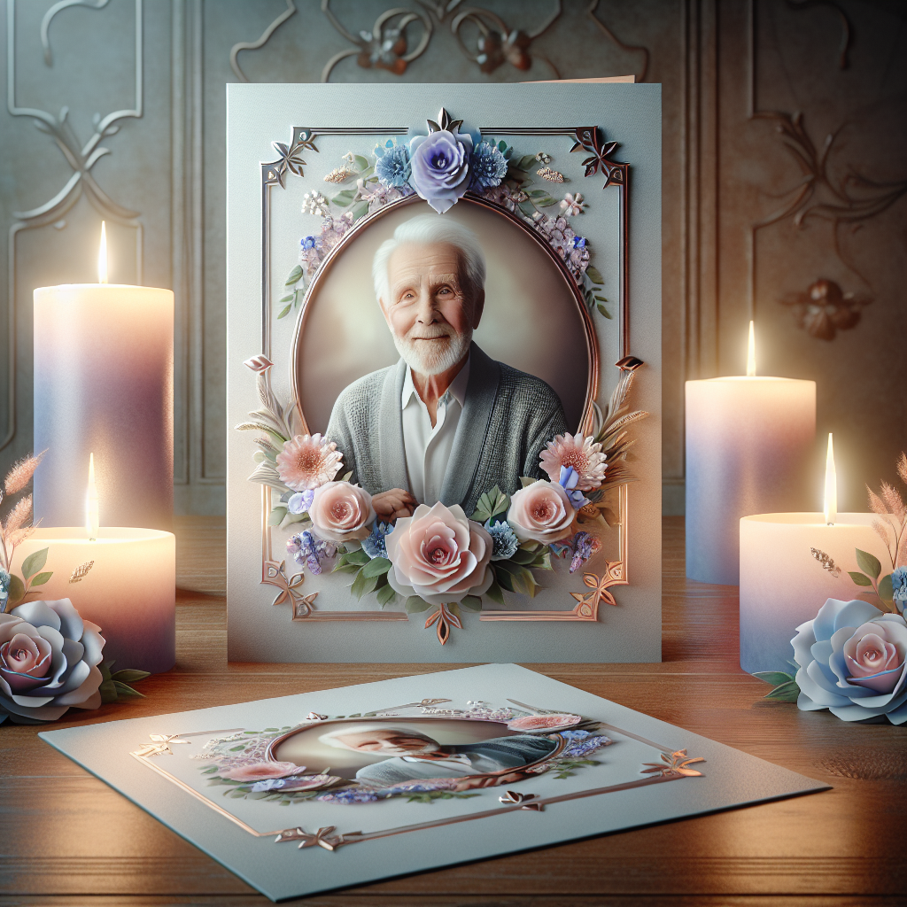 A memorial card with a floral border and a photograph of an elderly man, placed on a wooden table with lit candles.