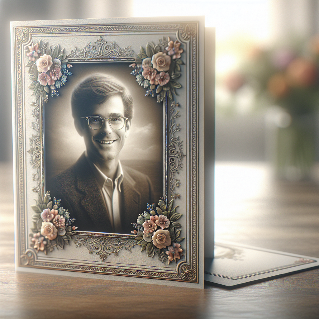 A memorial card with a black and white photograph and ornate floral designs.