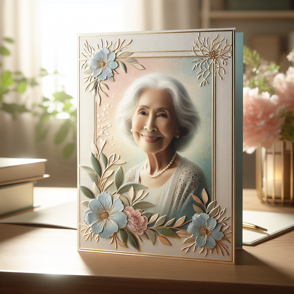 A memorial card featuring a smiling elderly woman, with floral designs and elegant gold embossing.