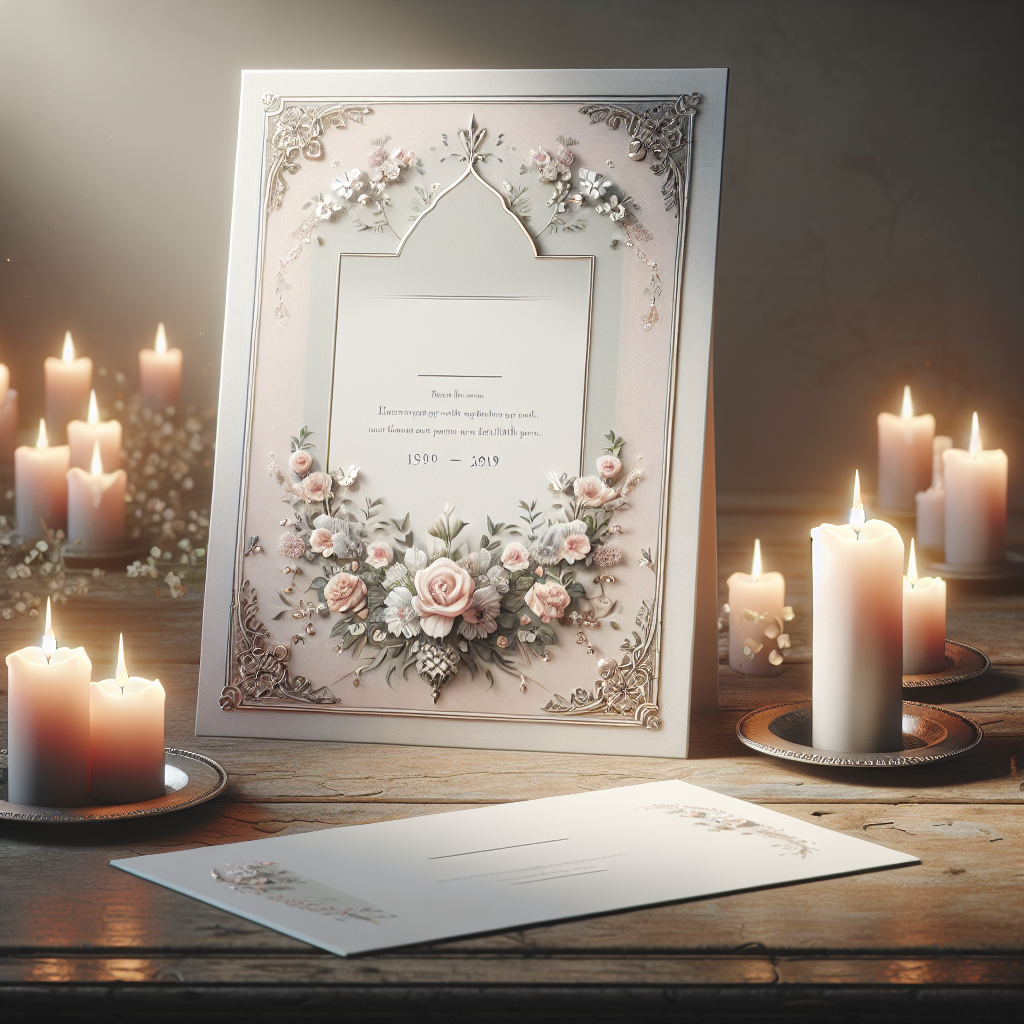 A memorial card with floral motifs on a wooden table surrounded by softly glowing candles.