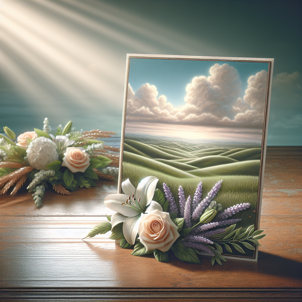 A beautiful memorial card design on a wooden table with flowers and landscape.