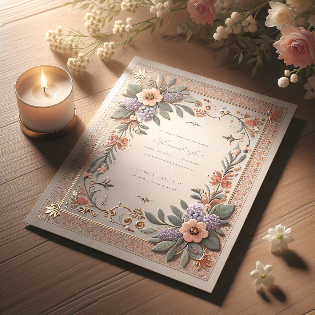 A beautifully designed memorial card on a wooden table with a candle and flowers.