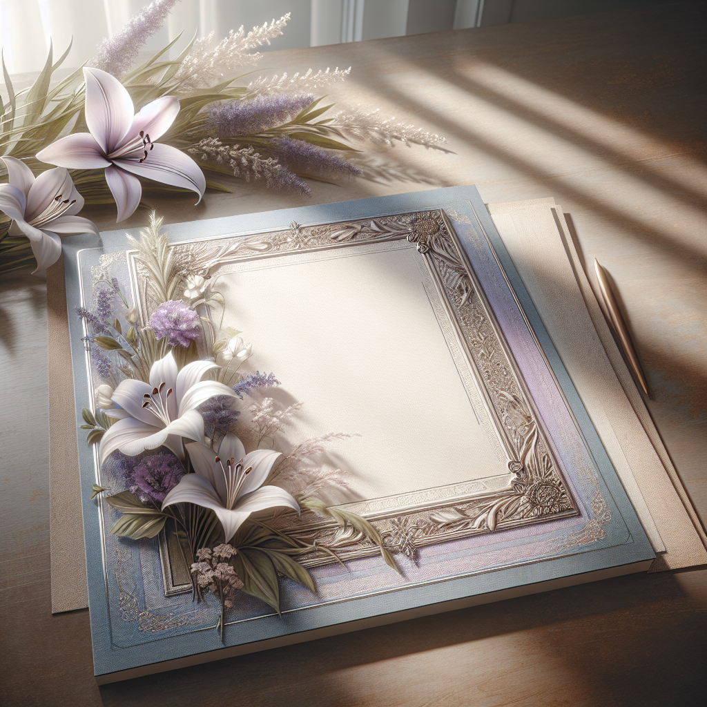 A serene memorial card on a wooden table beside a bouquet of flowers.