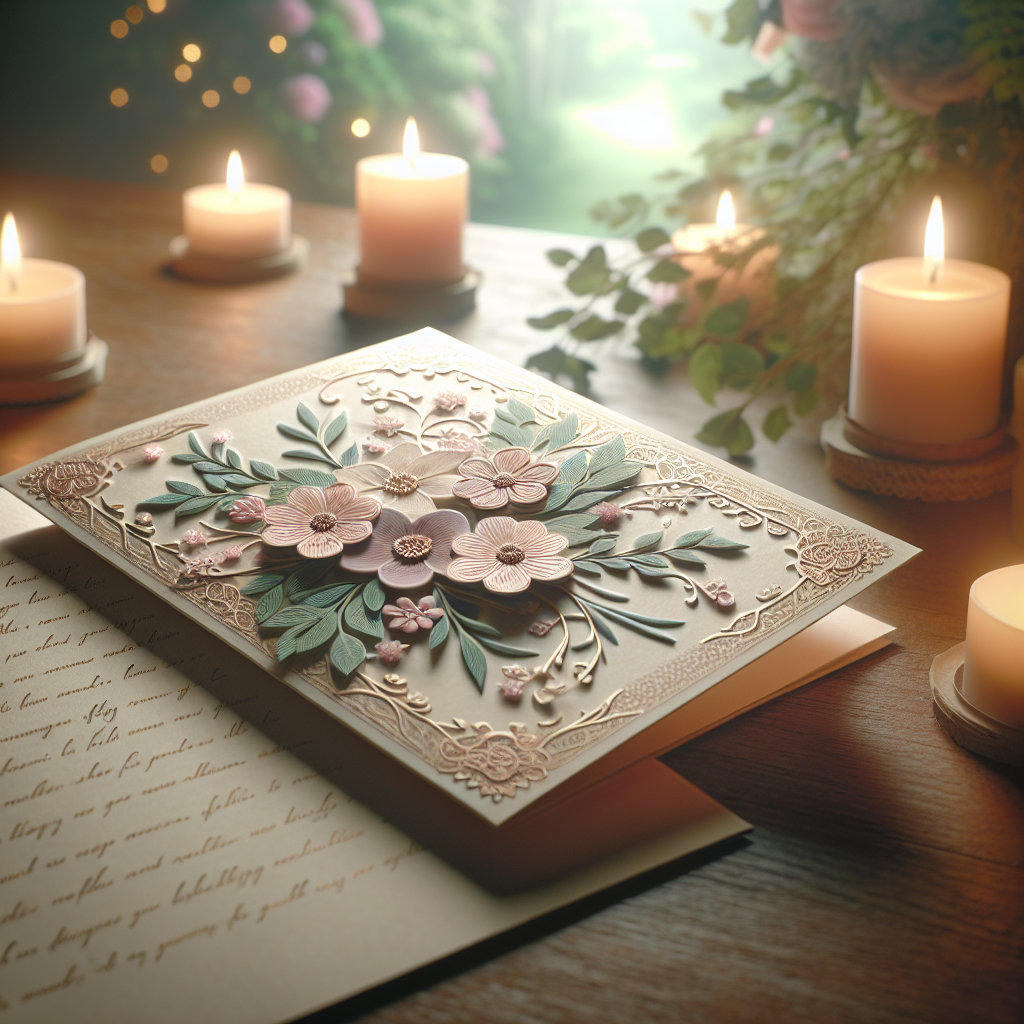 A memorial card on a wooden table with floral patterns and flickering candles.