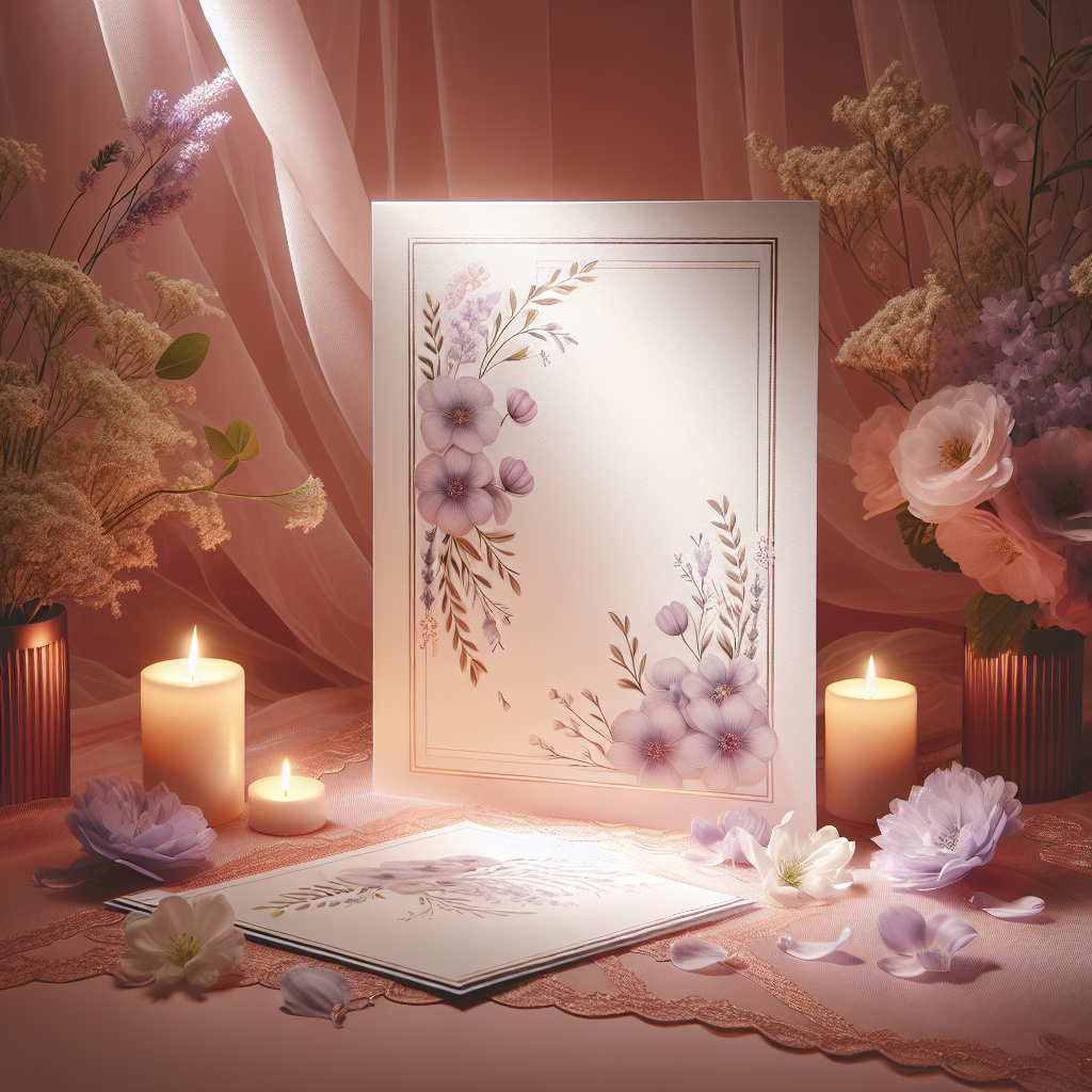 A serene memorial card setting with floral motifs and soft lighting.