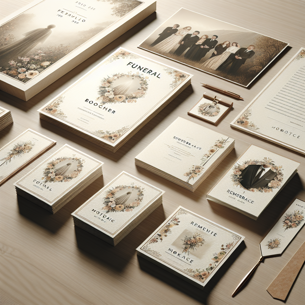 A variety of funeral prints elegantly displayed on a wooden table, including programs, cards, bookmarks, and posters.