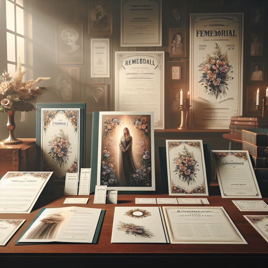 An arrangement of funeral prints including a program, memorial card, bookmark, and poster on a wooden table.