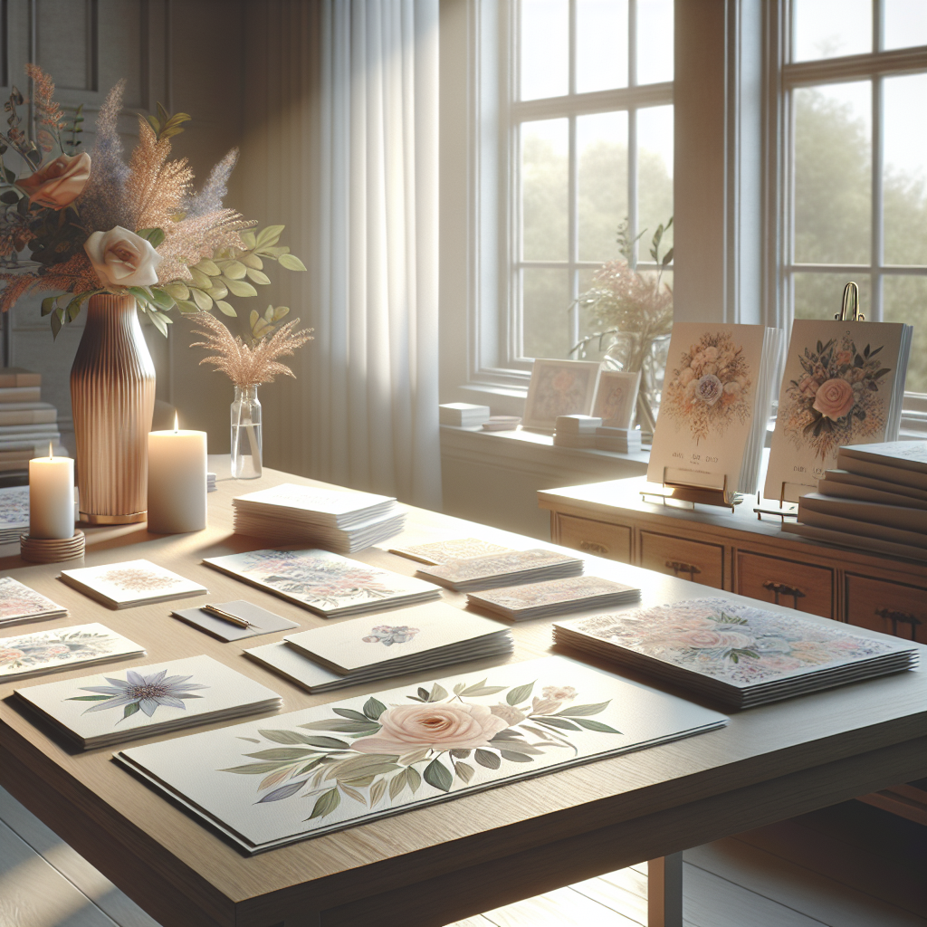 A calm office setup with funeral prints on a wooden desk illuminated by soft sunlight.