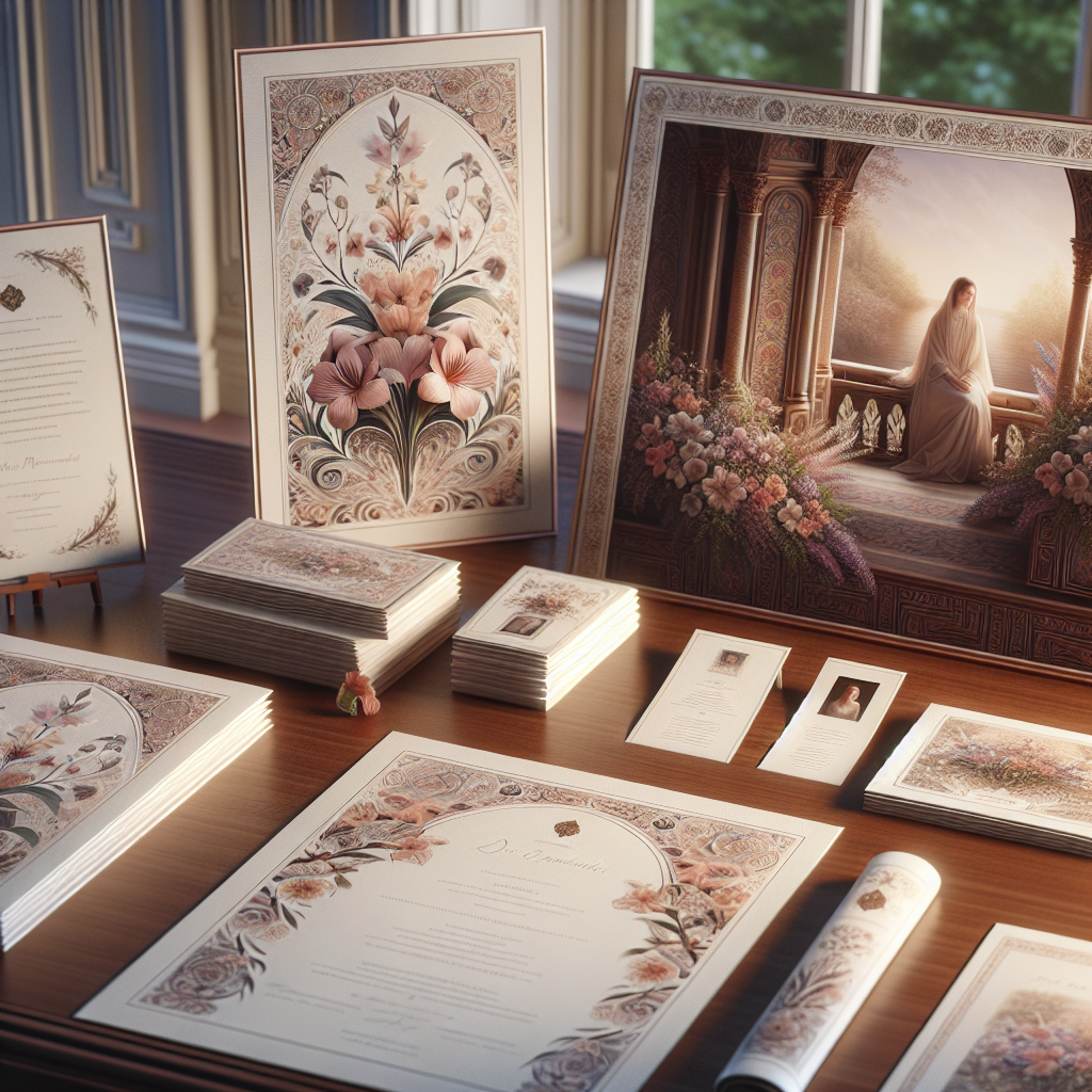 Various funeral prints displayed on a wooden table, including programs, cards, bookmarks, and posters, set in a serene environment.