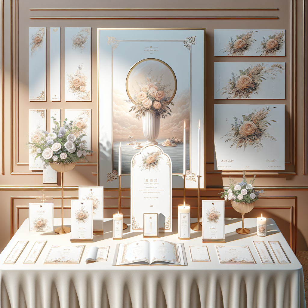 A cozy funeral service setting with various funeral prints including programs, memorial cards, bookmarks, and posters.