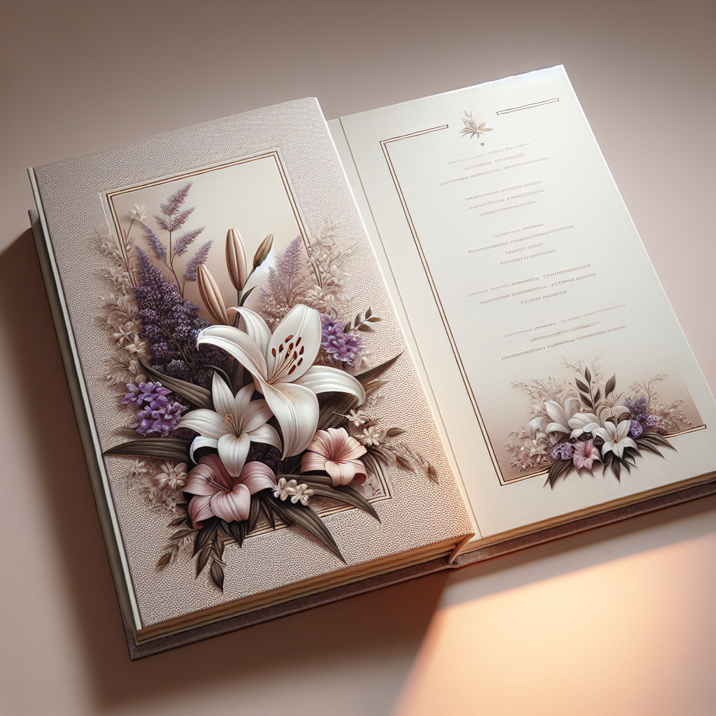 An elegant open funeral program with floral designs and a soft color palette.