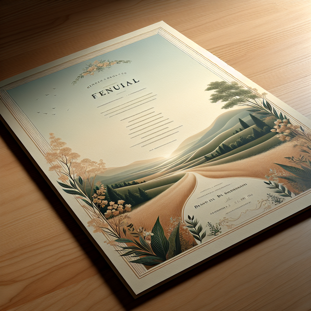 A beautifully designed funeral program on a wooden table.