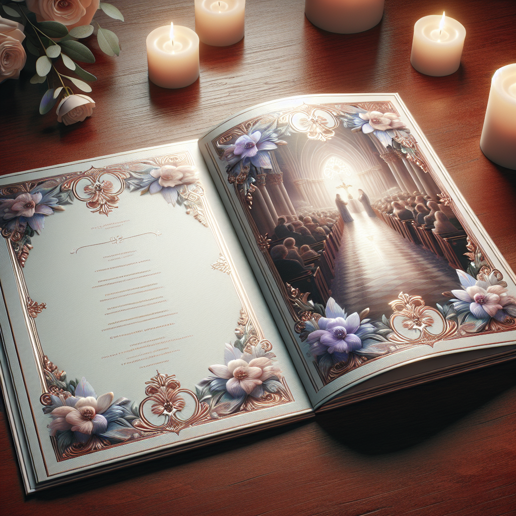 An elegantly designed open funeral program on a wooden table with candles.