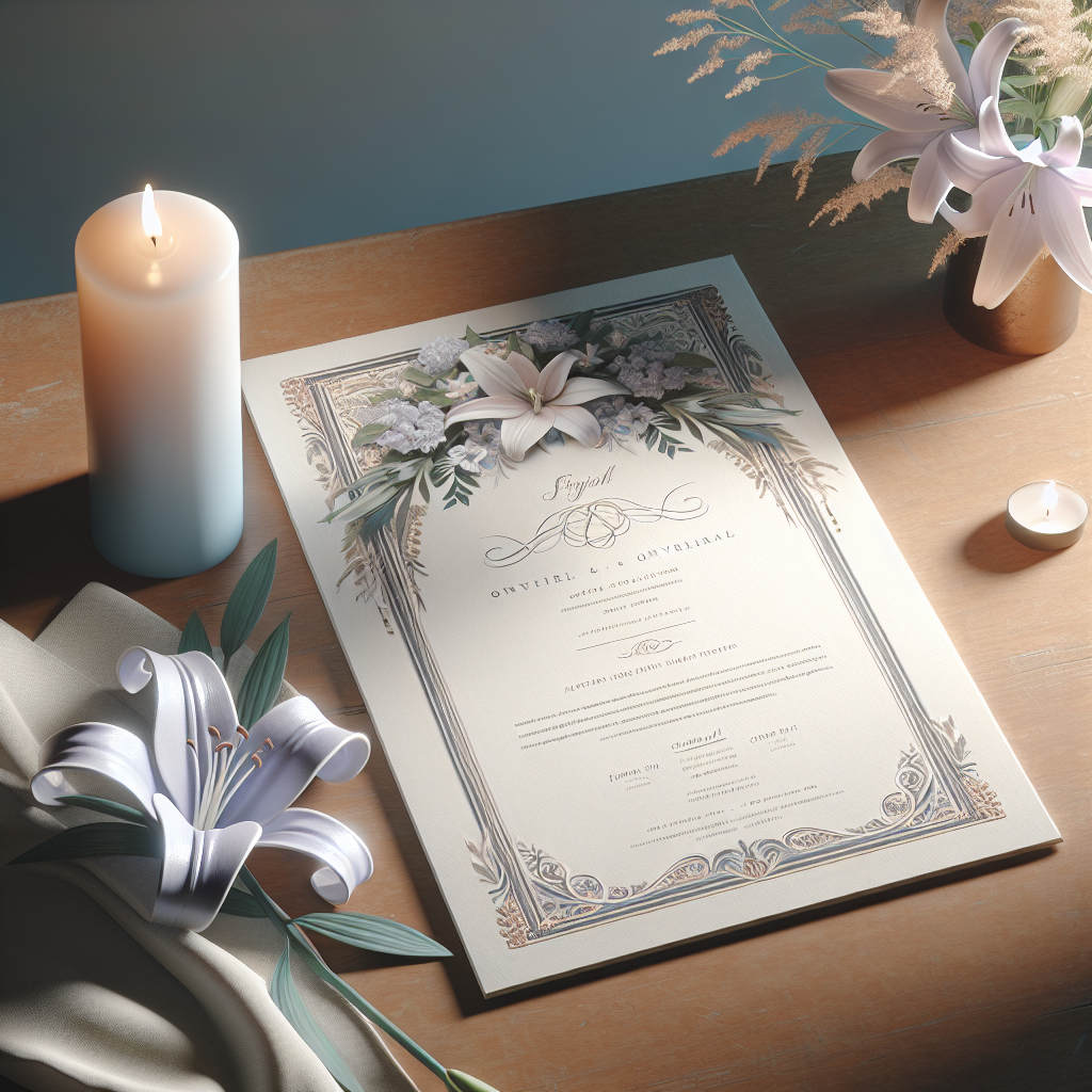 A funeral program on a wooden table, with a bouquet of lilies and a candle.