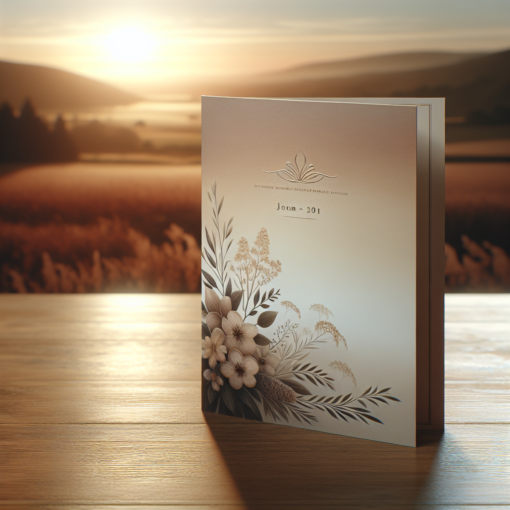 A funeral program displayed on a wooden table with a serene background.