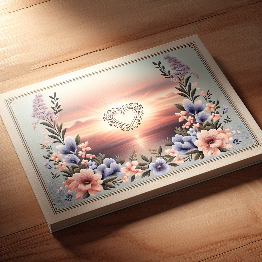 A KPS memorial card on a wooden table with floral designs and a sunset background.