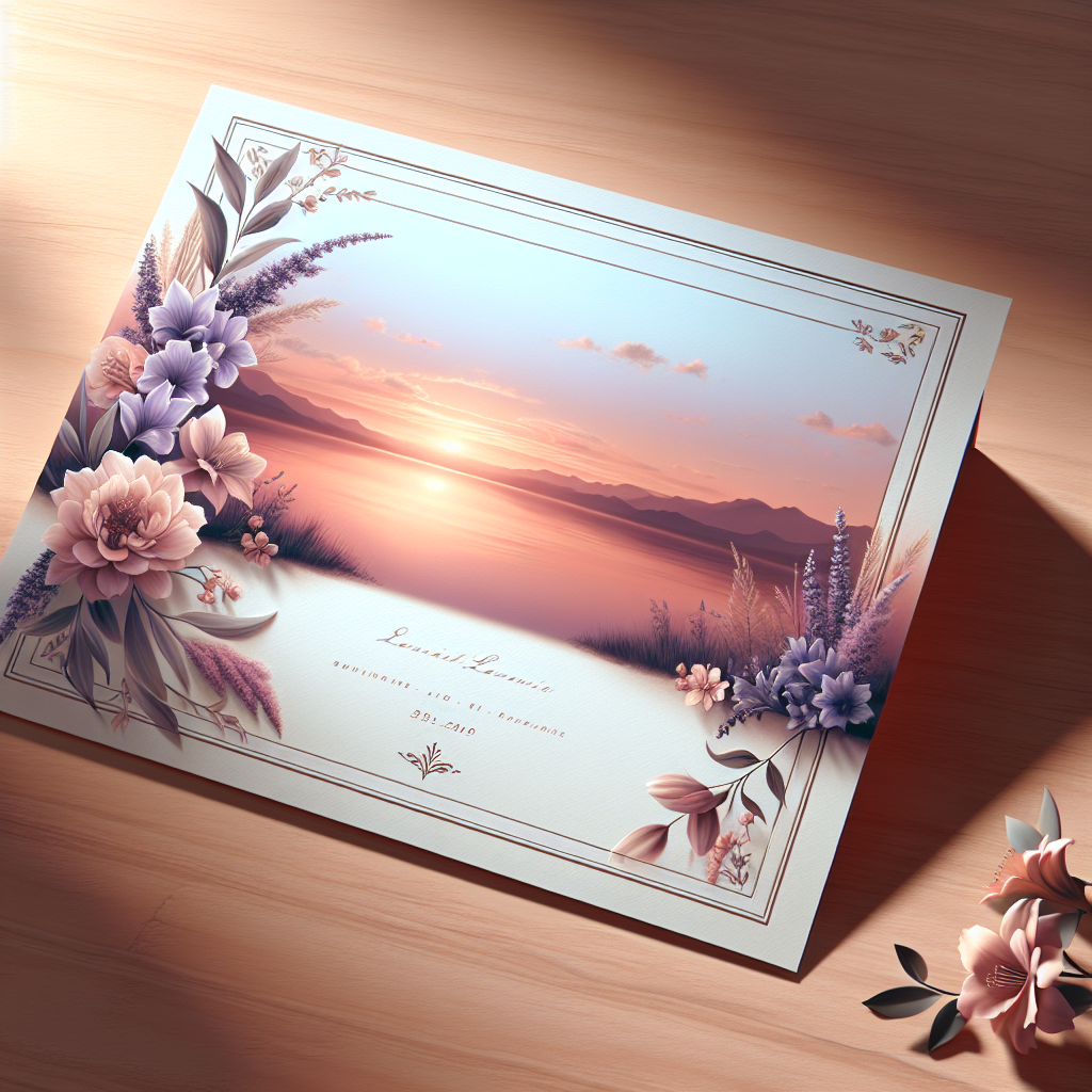 A beautifully designed KPS memorial card on a wooden table with a serene landscape background.