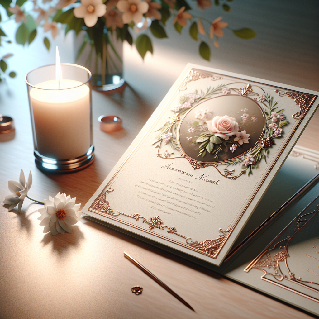 A KPS memorial card with floral designs on a wooden table, surrounded by a lit candle and a flower.