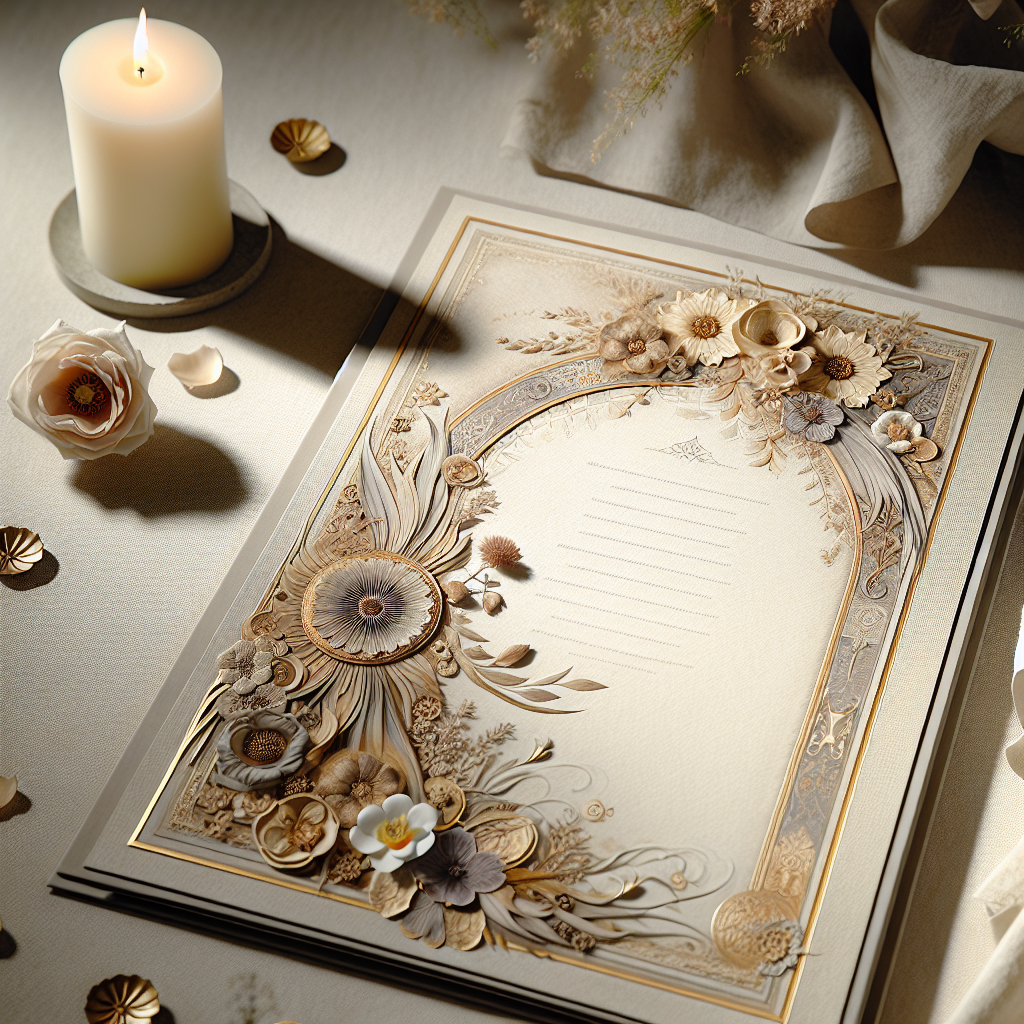 A funeral programme on a table, designed elegantly with floral motifs and soft lighting.