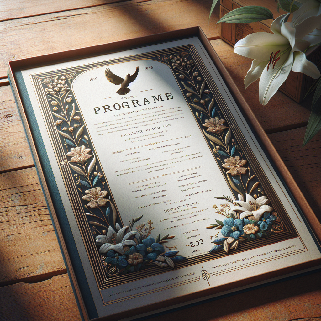 A beautifully designed open funeral programme on a wooden table.