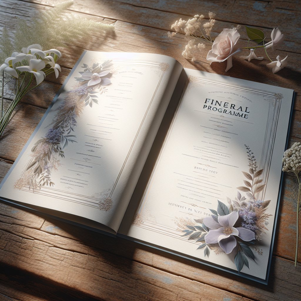 A beautifully designed open funeral programme on a rustic table with flowers.