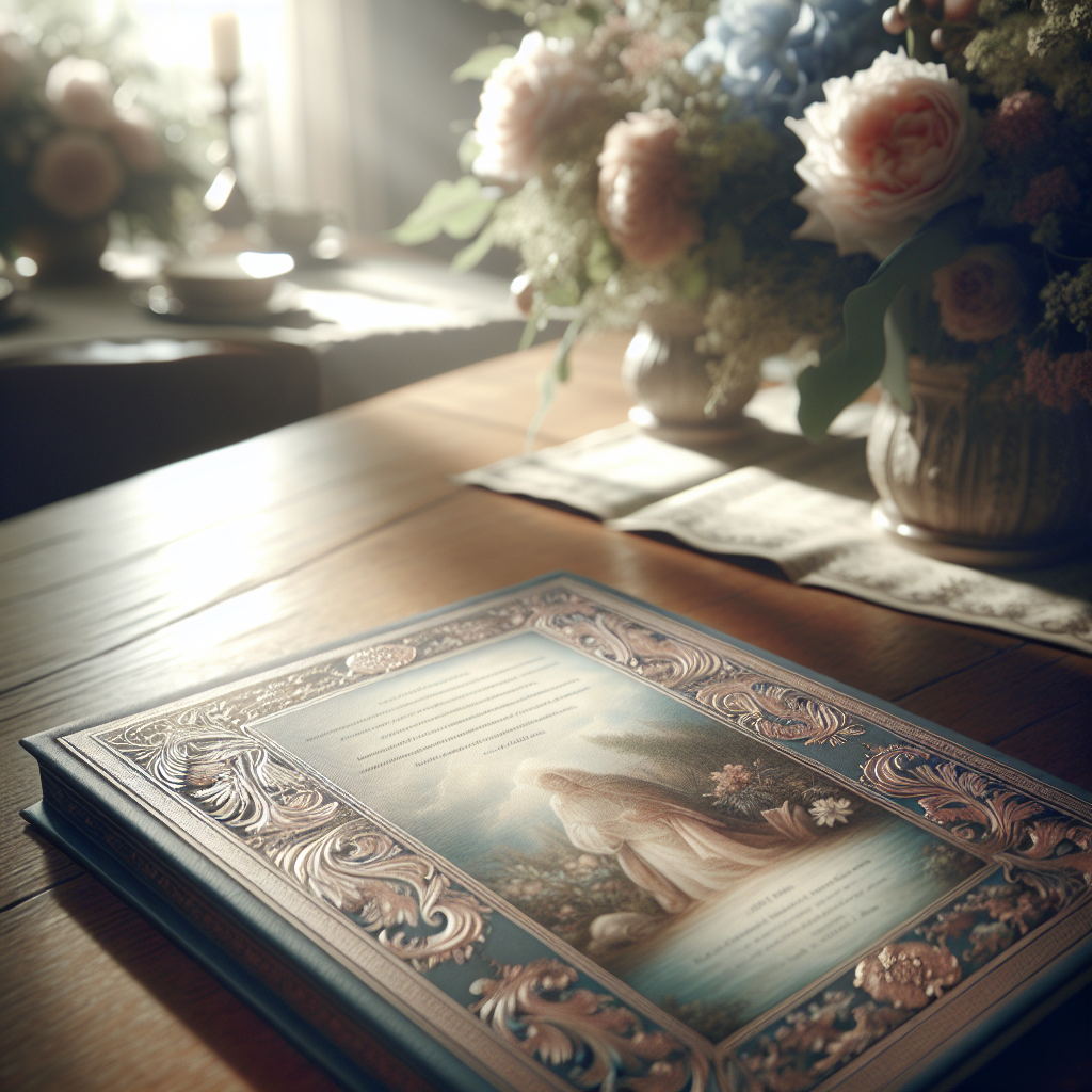 A beautifully designed funeral program on a wooden table with soft lighting.