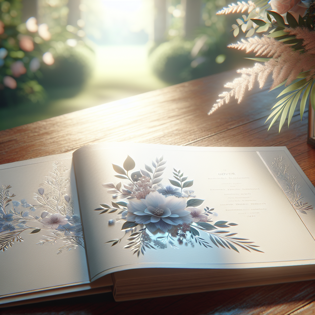 A beautifully designed funeral programme on a wooden table.