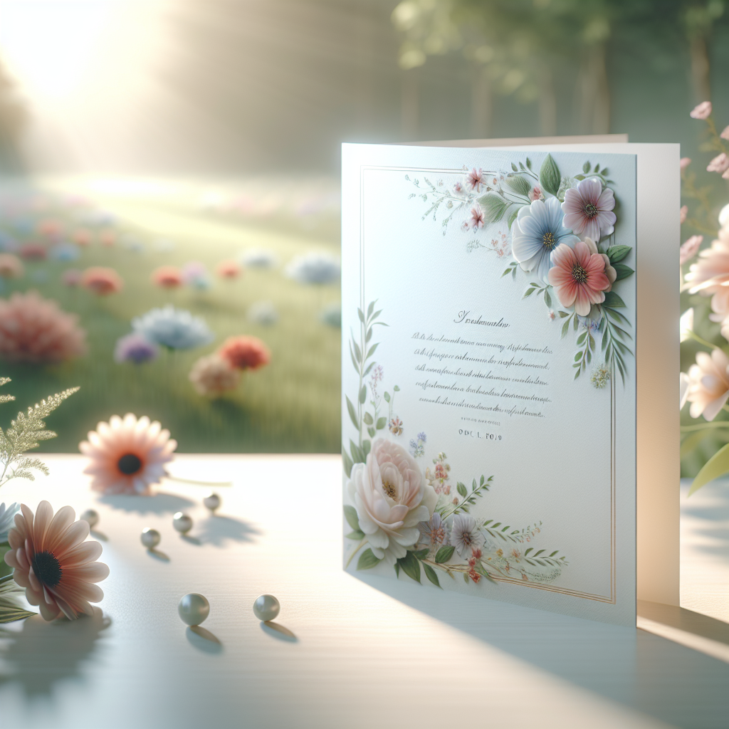 A memorial card on a serene table, surrounded by a blurred garden.