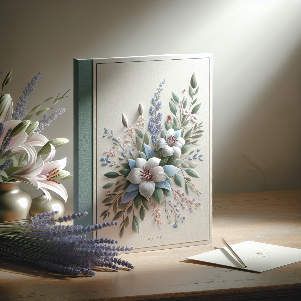 A memorial card with floral designs next to a bouquet of white lilies and lavender on a wooden table.