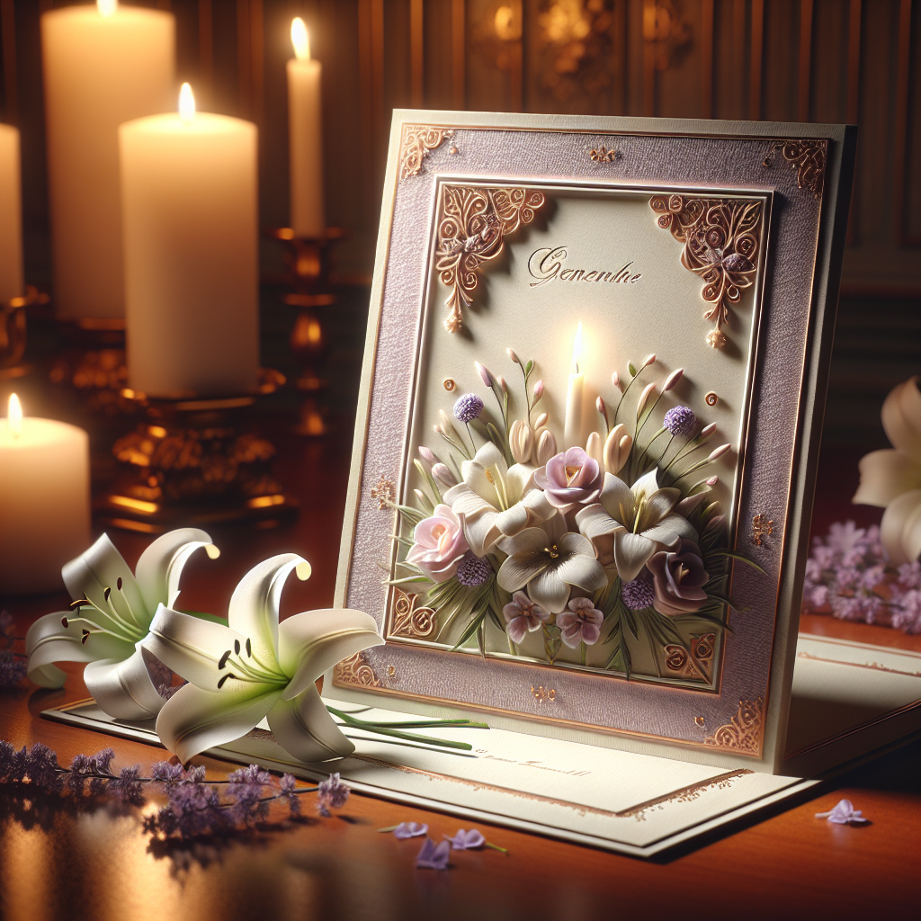 A memorial card with floral design on a wooden table, surrounded by candles and a bouquet of flowers.