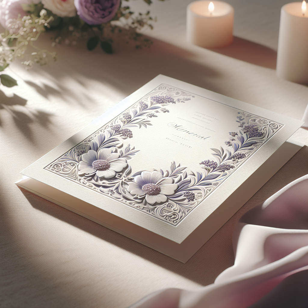 A memorial card with floral motifs on a pastel tablecloth.