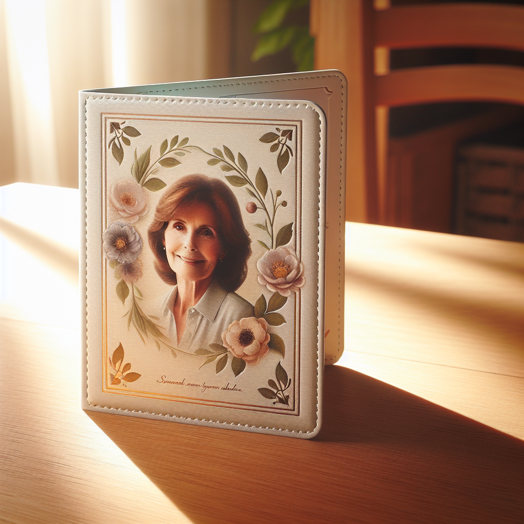 A memorial card on a wooden table with a photo of a woman and floral borders.