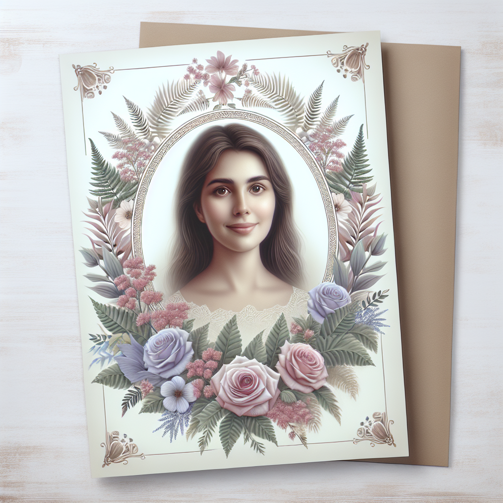 A memorial card with a portrait of a deceased person surrounded by floral arrangements.