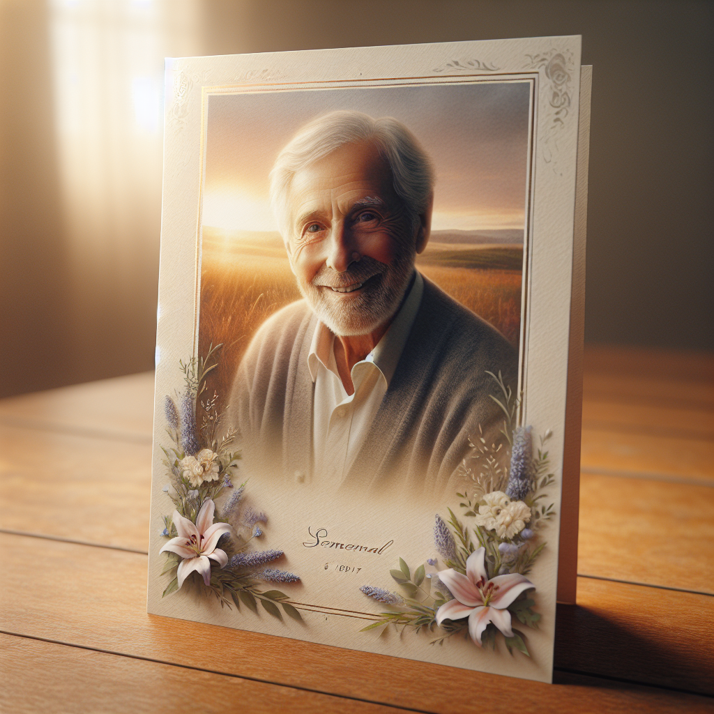 A memorial card featuring a photo of an elderly man surrounded by floral decorations, resting on a wooden table.