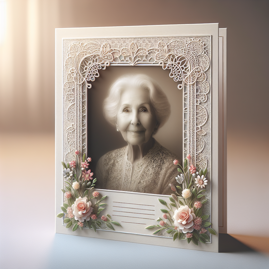 A memorial card with a floral border and a grayscale photo of an elderly woman.