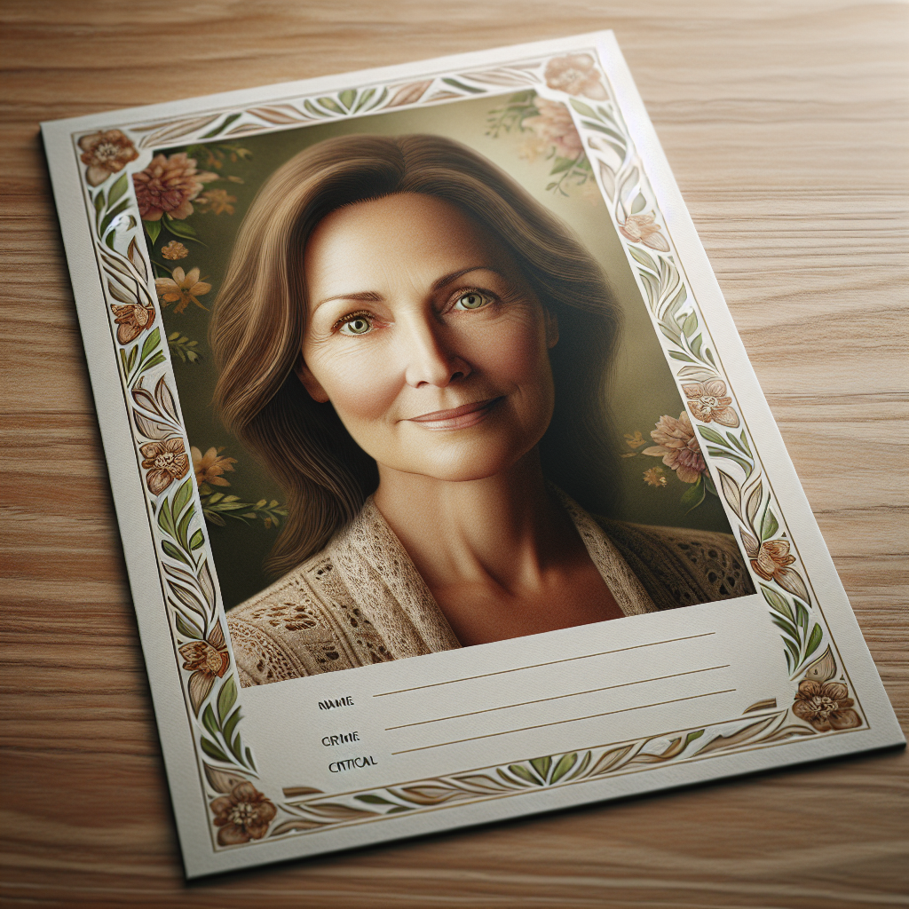 A realistic memorial card with a faded photo of a smiling woman and floral patterns.