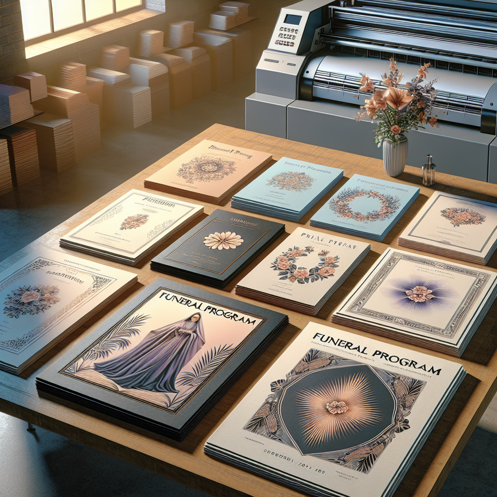 A serene scene displaying various funeral program samples on a wooden table with a printing machine in the background.