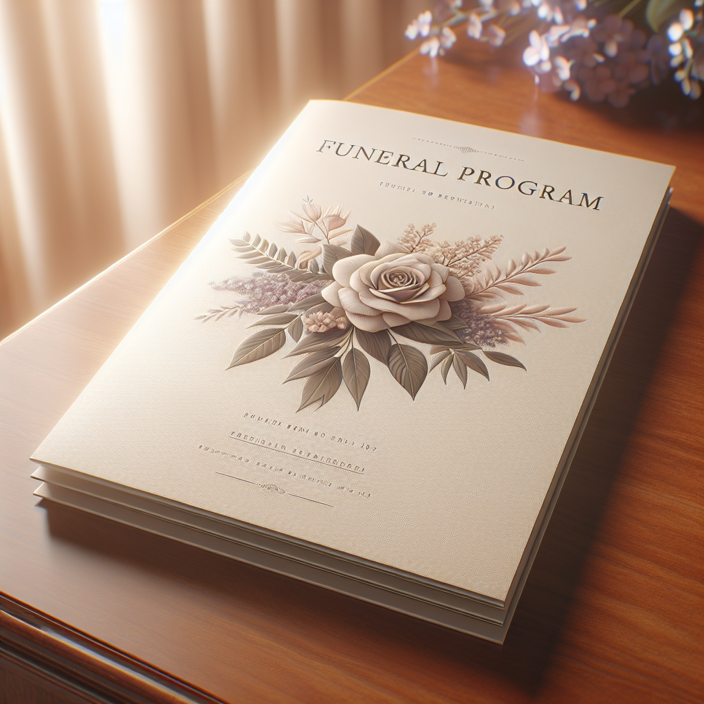 A serene scene with a funeral program displayed on a wooden table, surrounded by quality printing materials.