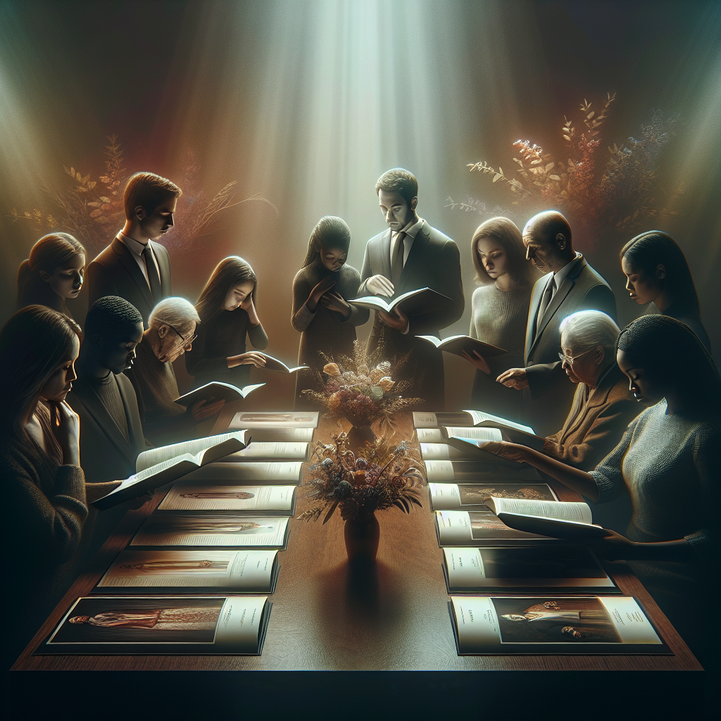 A serene setting with funeral programs displayed on a wooden table.