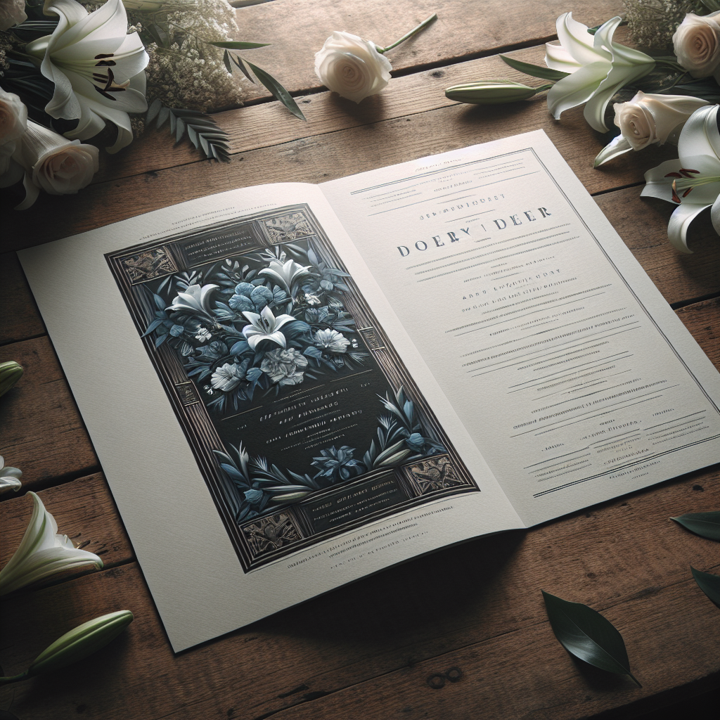 A funeral program on a wooden table surrounded by flowers, emphasizing the importance of paper weight.