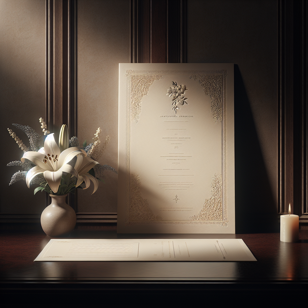 A beautifully designed funeral program on a dark table with flowers.