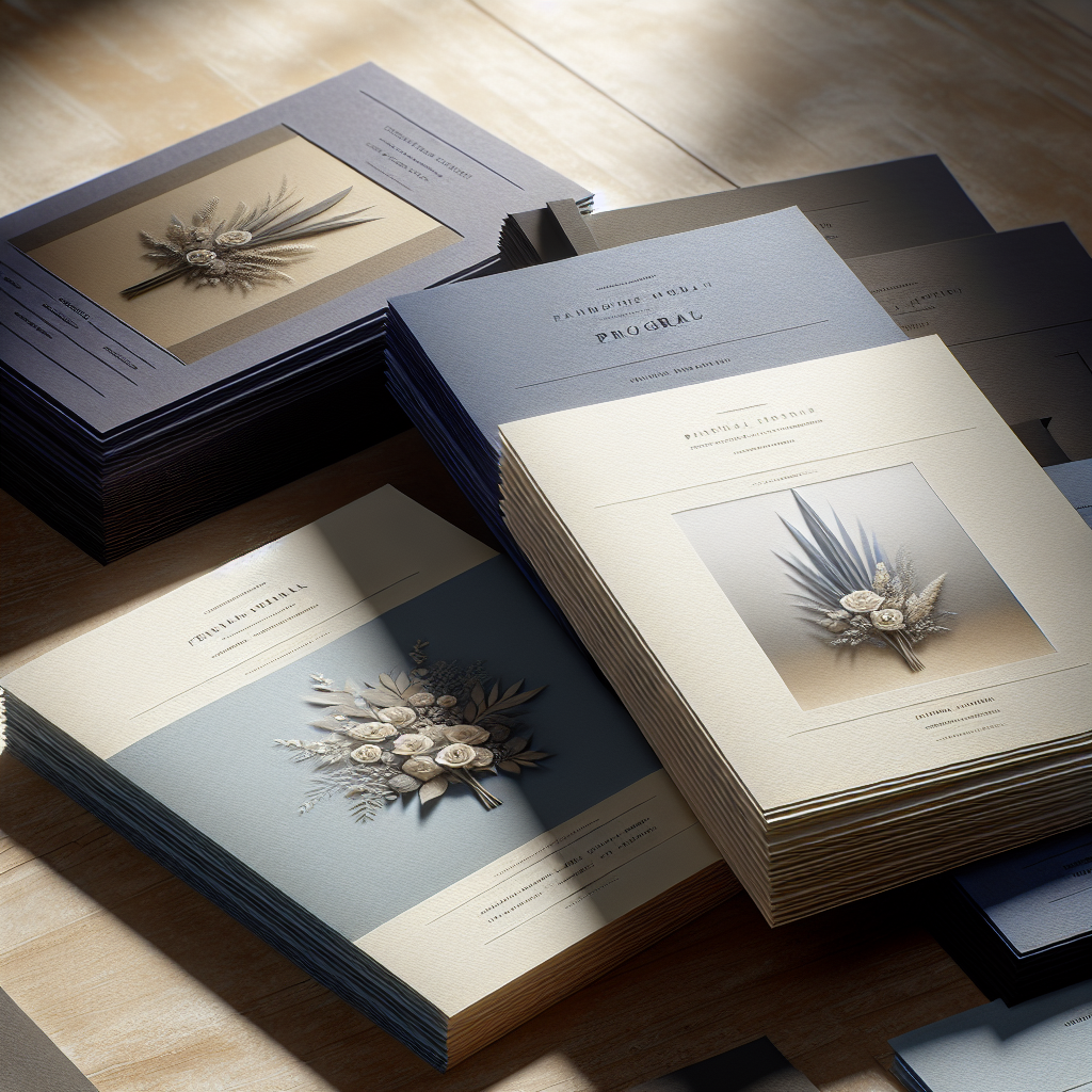 A variety of funeral programs on a wooden table, showcasing different paper weights.