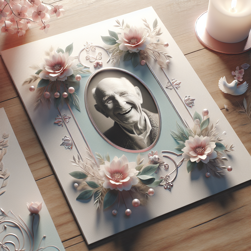 A memorial card on a wooden table with floral designs and a black-and-white photograph of an elderly man.