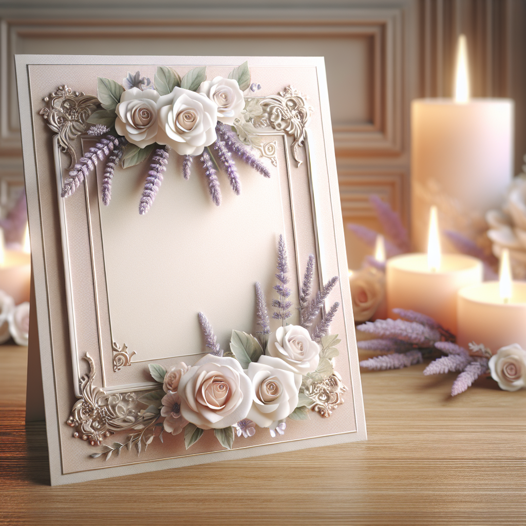 A beautifully designed memorial card on a wooden table with floral motifs and blurred candles in the background.