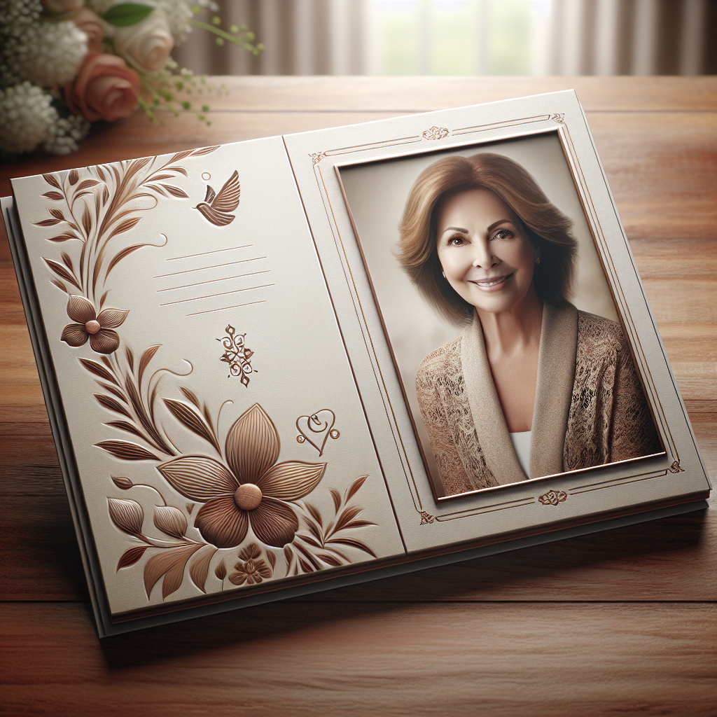 A memorial card elegantly displayed on a wooden table with a photograph and floral patterns.