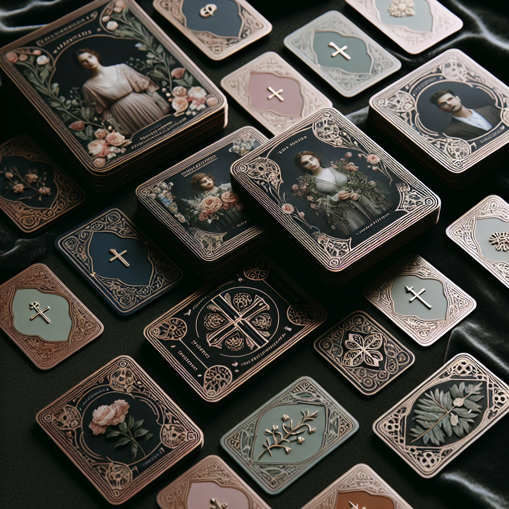 A collection of realistic memorial cards on a dark velvet surface.