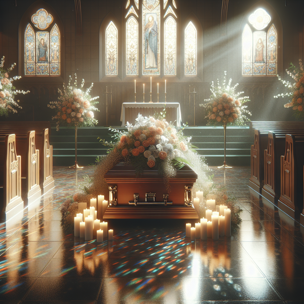 A serene funeral setting in a softly lit chapel with floral arrangements and candles.