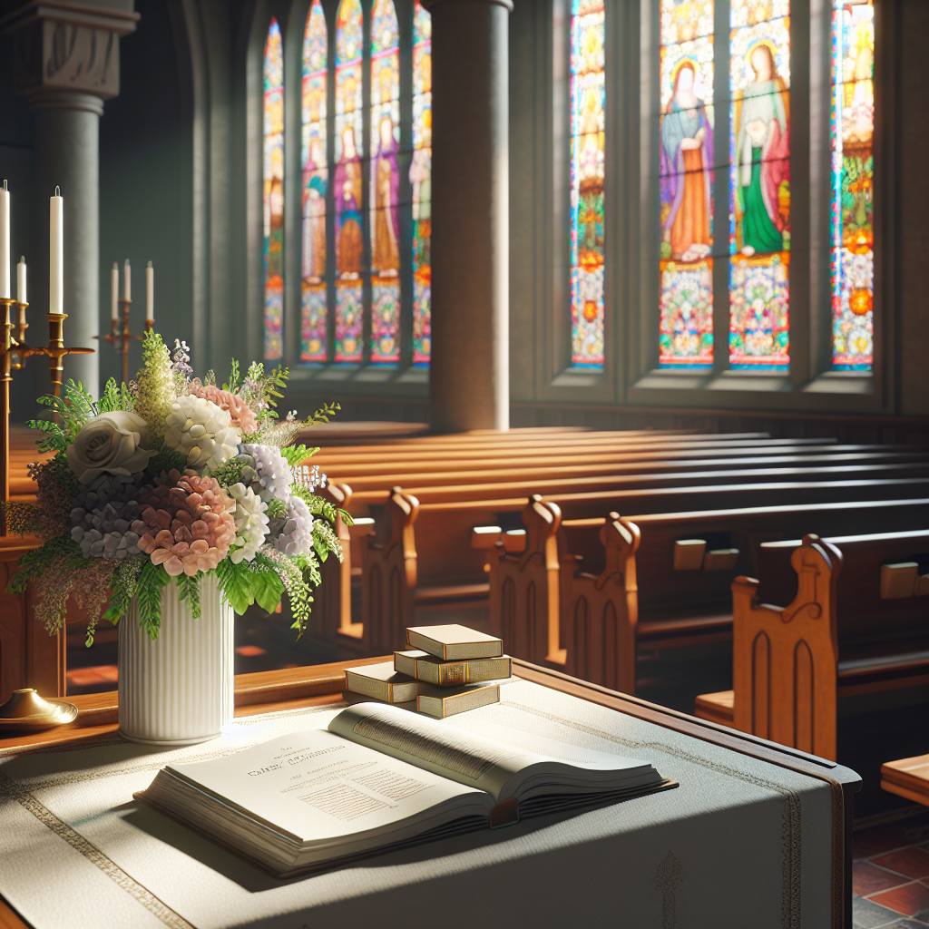 Interior of a church during a funeral service with soft light and floral arrangements.