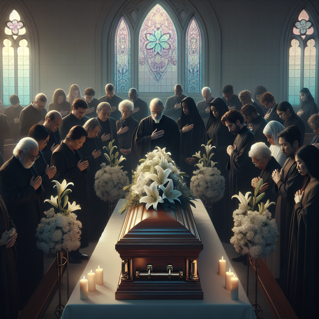 A serene funeral service scene with a wooden casket, mourners, and stained-glass windows.